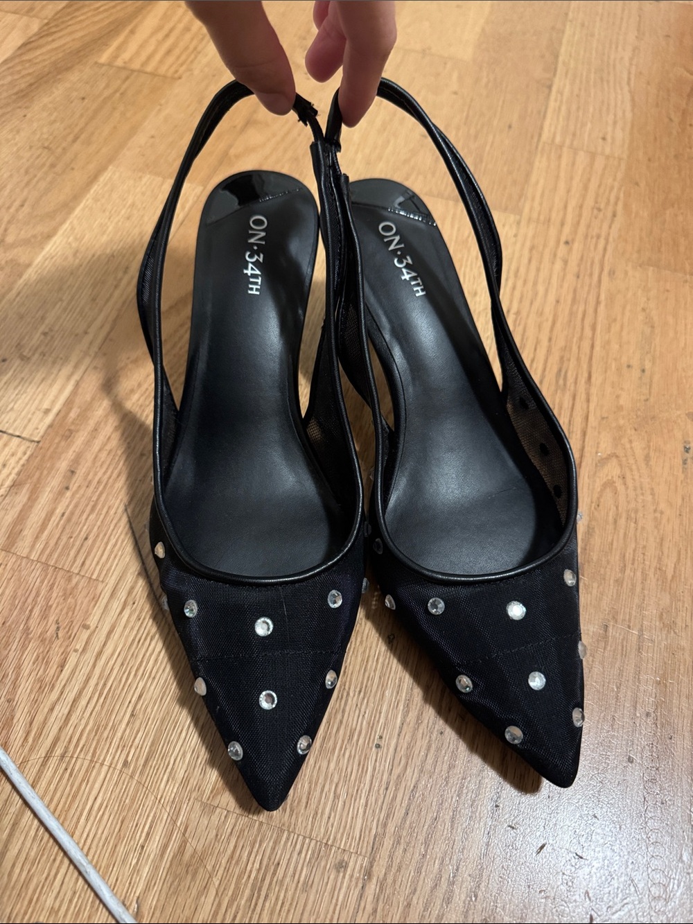 Black Slingback Pointed Toe Kitten Heels with rhinestones